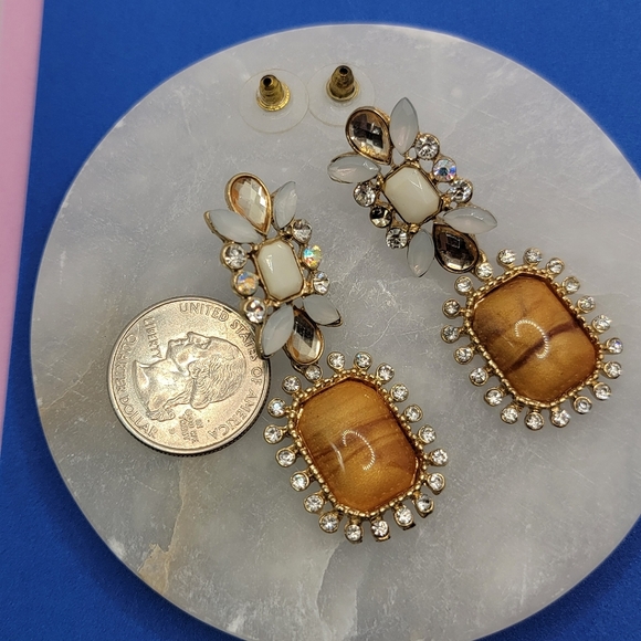 Chunky Rhinestone Dangle Earrings Caramel and Cream Statement - Picture 4 of 10